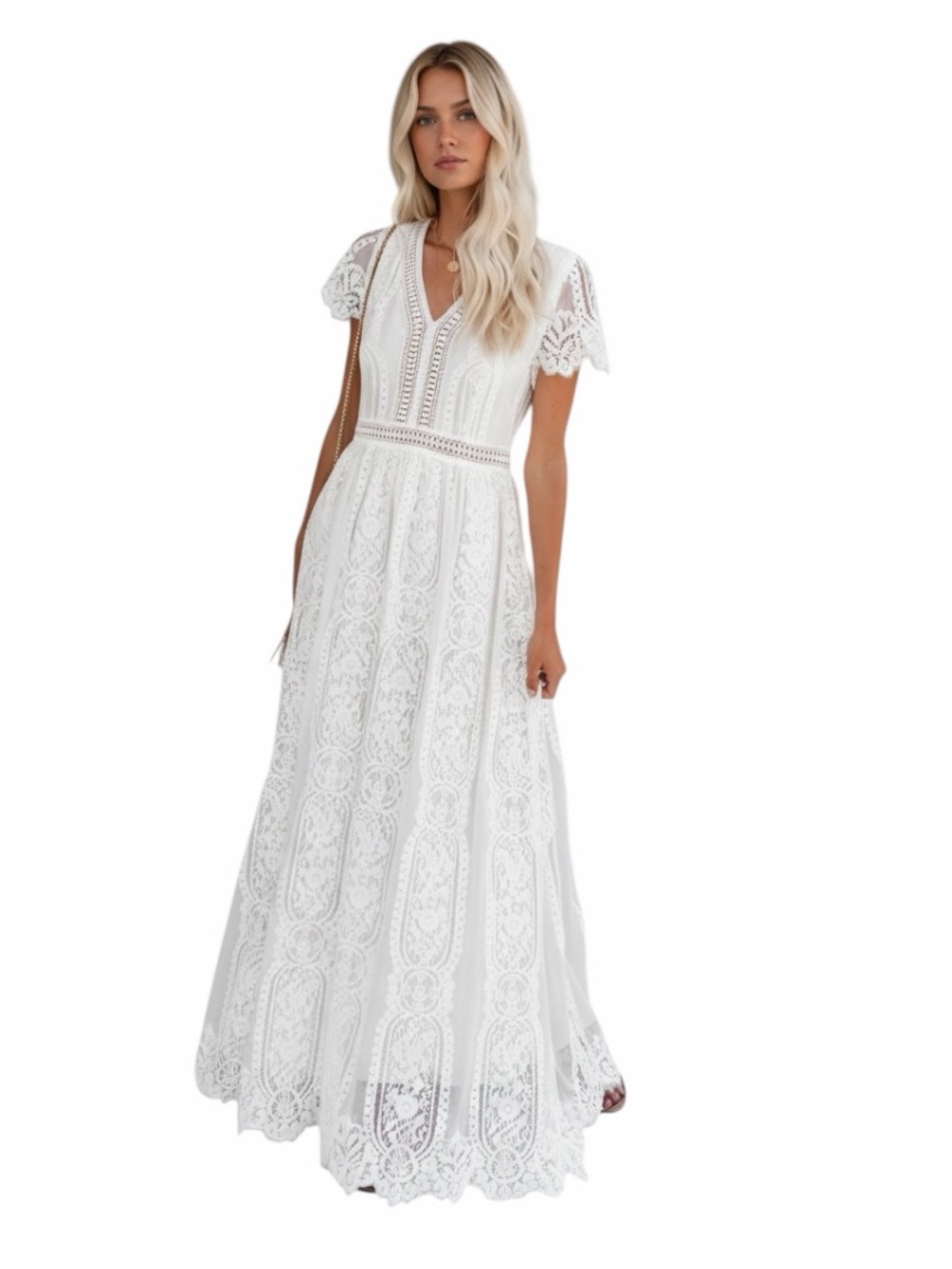 New Lace Hollow-Out V Neck
White Flowy Maxi Dress Lace Boho size medium